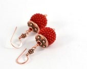 Beaded Bead earrings "Red Coral" Copper Earring Hooks Bali-style  Minimalist  Modern  Beadwork Jewelry Modern