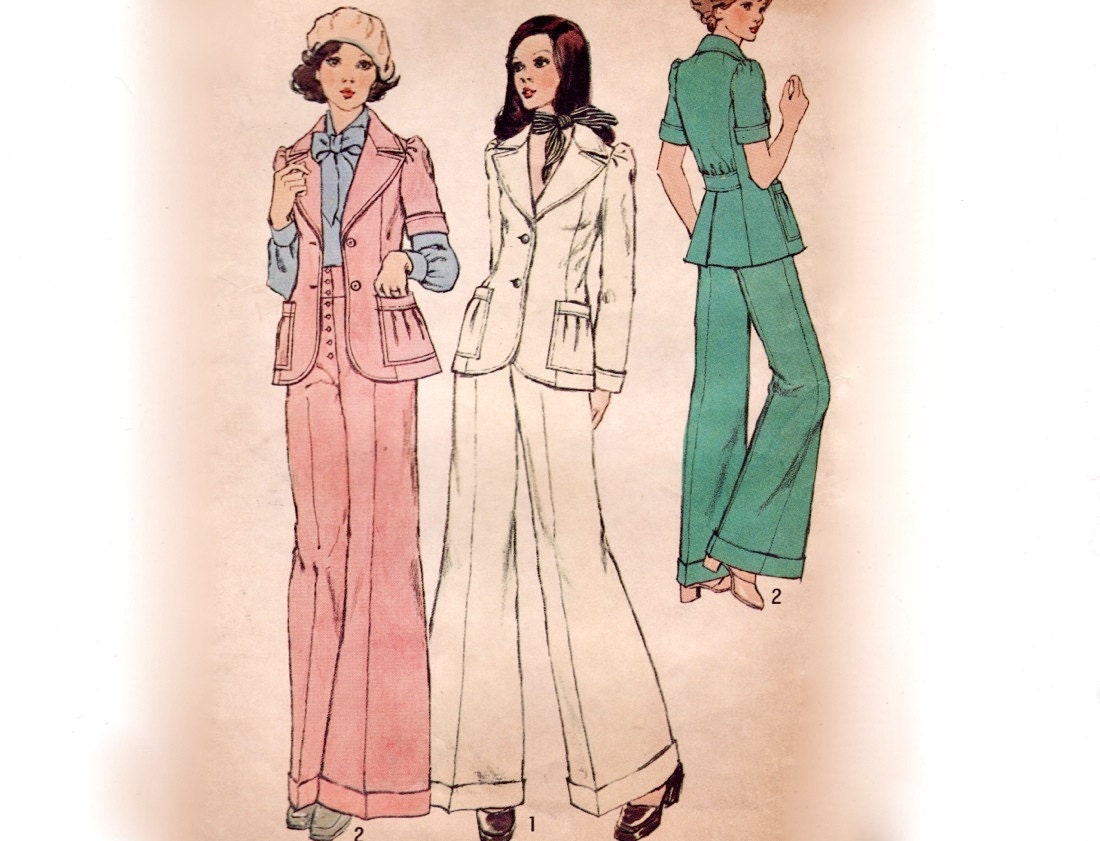 Vintage 70s Sewing Pattern - Puff Sleeve Princess Seam Jacket & High Waist Cuffed Flare Pants - 1973 Simplicity 6039, Bust 32.5, Uncut