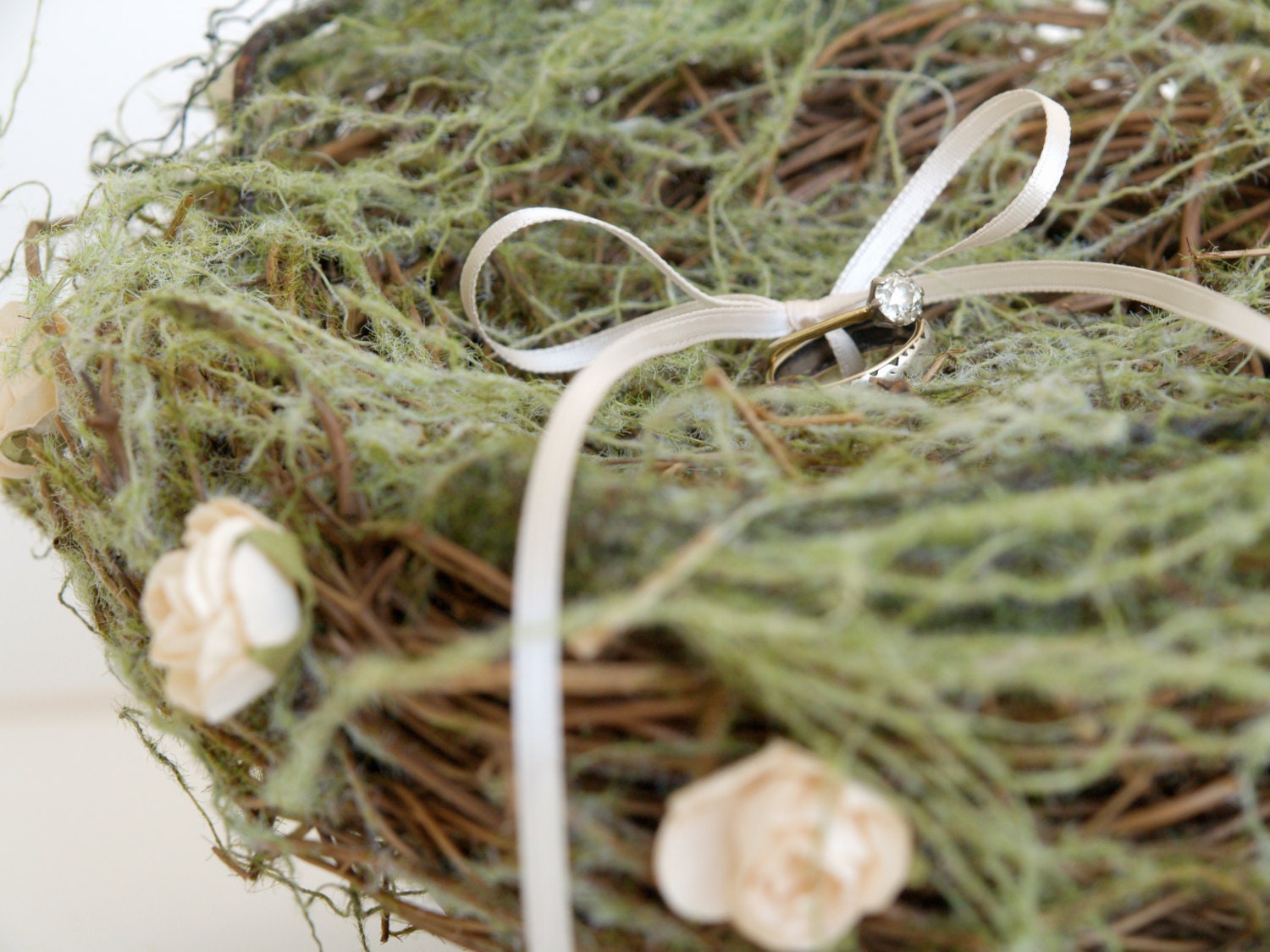 Wedding Ring Nest, Woodland Ring Bearers Pillow, Rustic Green Moss, Vintage Roses, romantic green and cream shades