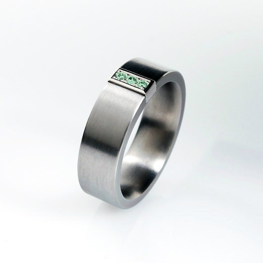 Ready to ship size 8, Green diamond ring, titanium wedding band, white gold, mens wedding ring, men green diamond ring, men titanium