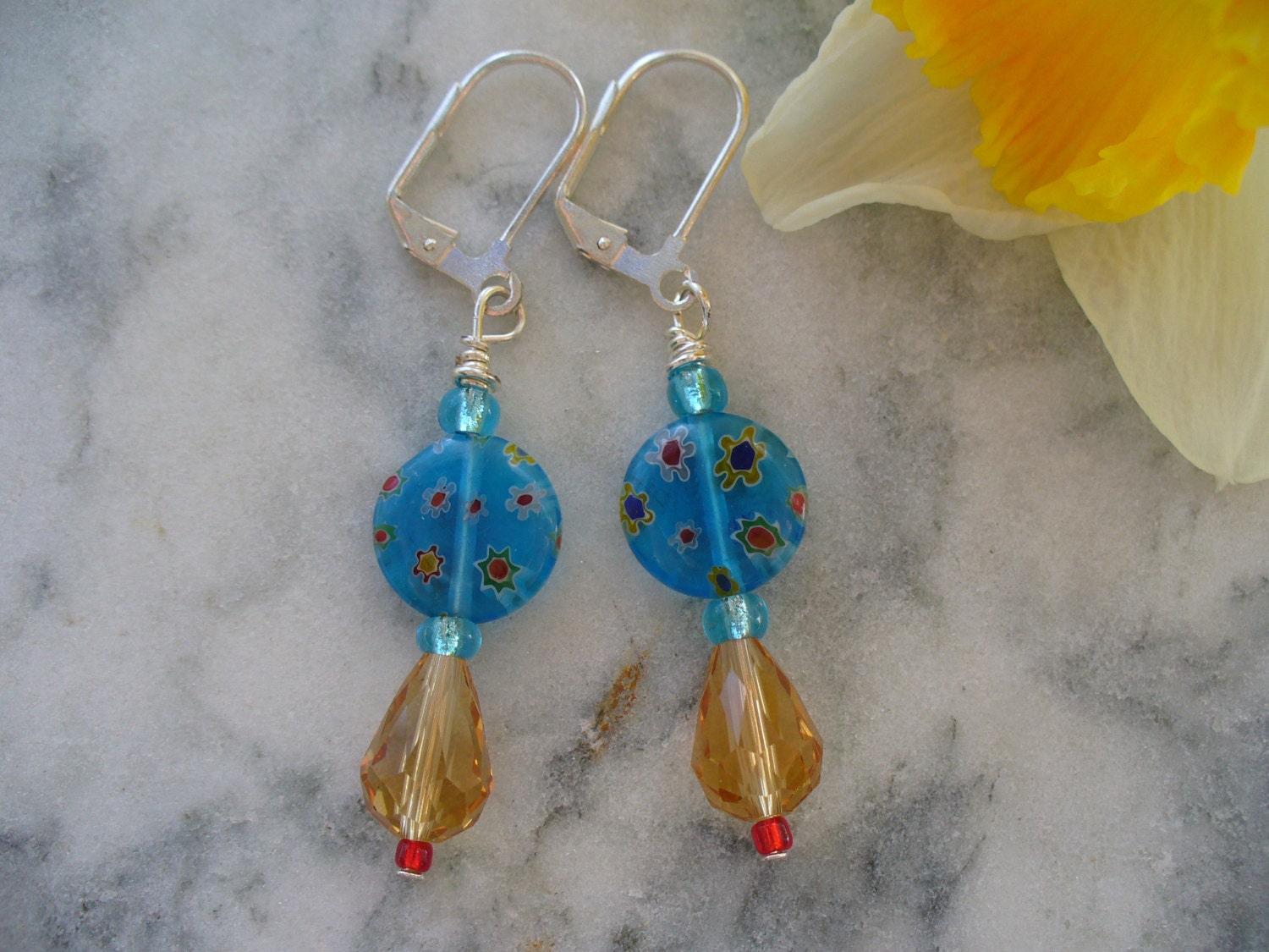 Light Blue Millefiori Beaded Leverback Earring - Mother's Day