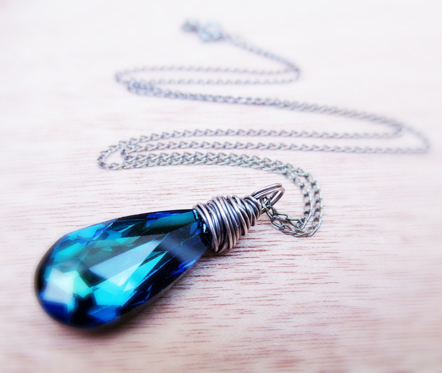 Swarovski necklace, blue teardrop wire wrapped crystal