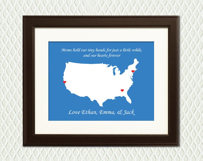 PERSONALIZED Mother's Day Gift for Mom - Country or World Map with hearts for her children or grandchildren