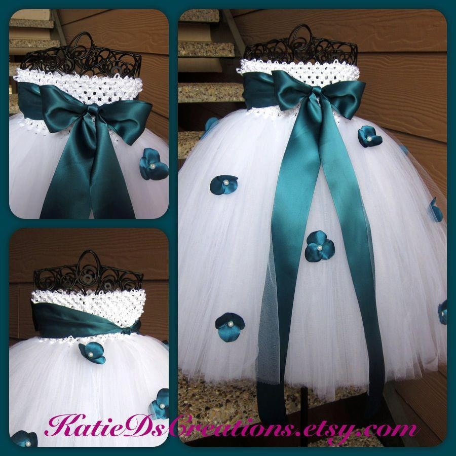 White Tutu Dress with Teal Bow and Flowers