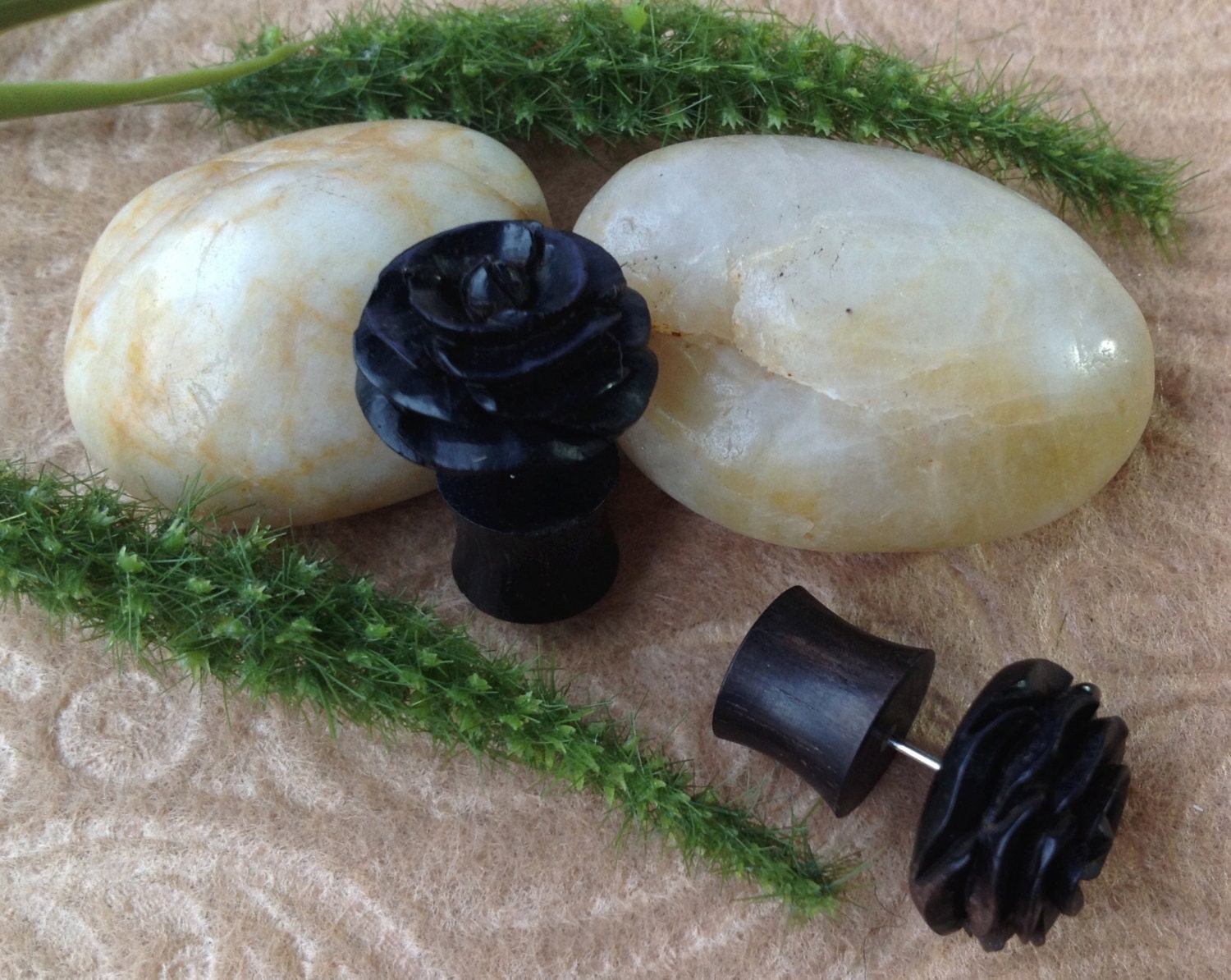 Fake Gauge Plugs, "Rosette" Naturally Organic, Ebony Wood, Hand Carved, Tribal