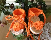 Baby Girl Sandals Booties with Flower, Tie Strap at Ankle, Crochet Orange Size 3-6 months