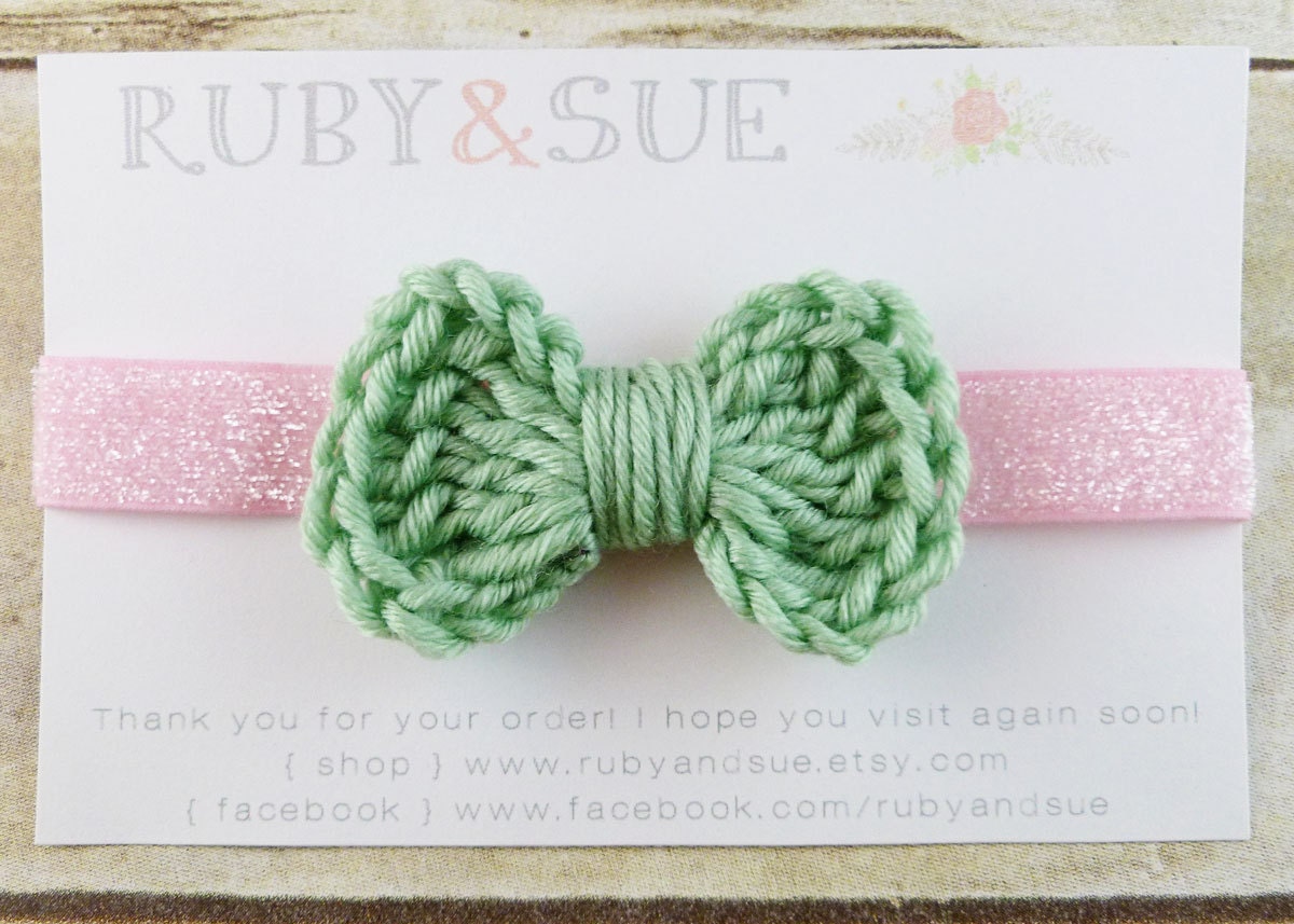 Crochet Bow Headband, Seafoam Bow, Pale Pink Glitter Headband