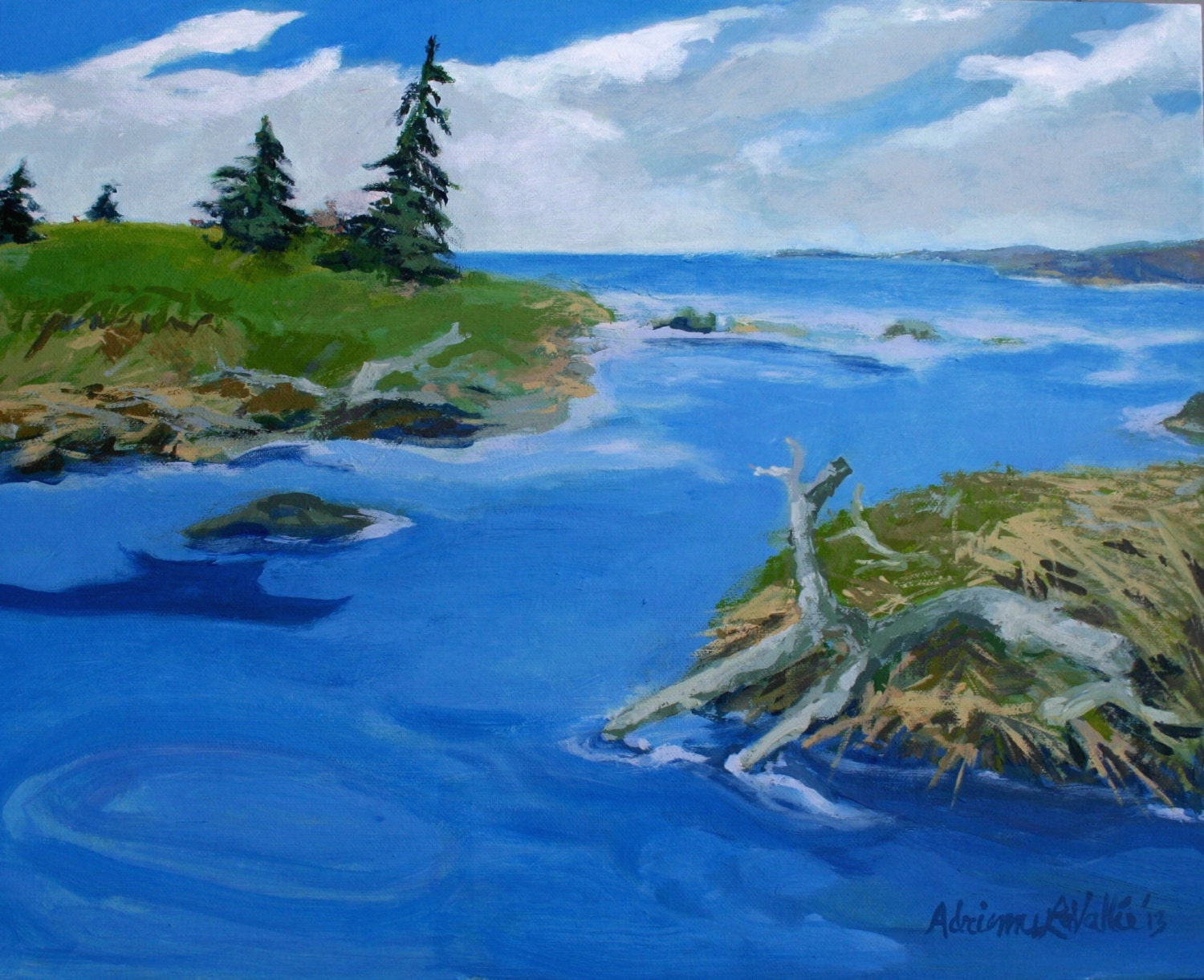 MAINE Coastal Inlet at Ebb Tide . 16 in. X 20 in. Original , contemporary ,  wall art . acrylic painting in French Ultramarine blue