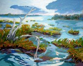 MAINE Saltwater Marshlands 16 in. X 20 in. Original , contemporary , wall art .acrylic painting in colbalt and  teal blues and greens