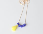 Tassel necklace with navy crystal beads / yellow tassel / long necklace / gilded ball chain
