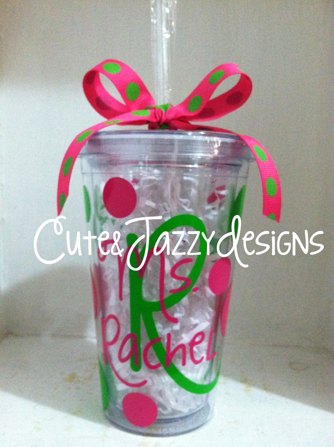 Personalized 16 oz. Teacher, Polka Dot, Clear, Acrylic, BPA Free Tumbler with Straw