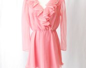 Vintage 70's Pink Ruffle V Neck Chiffon Overlay Mini Dress