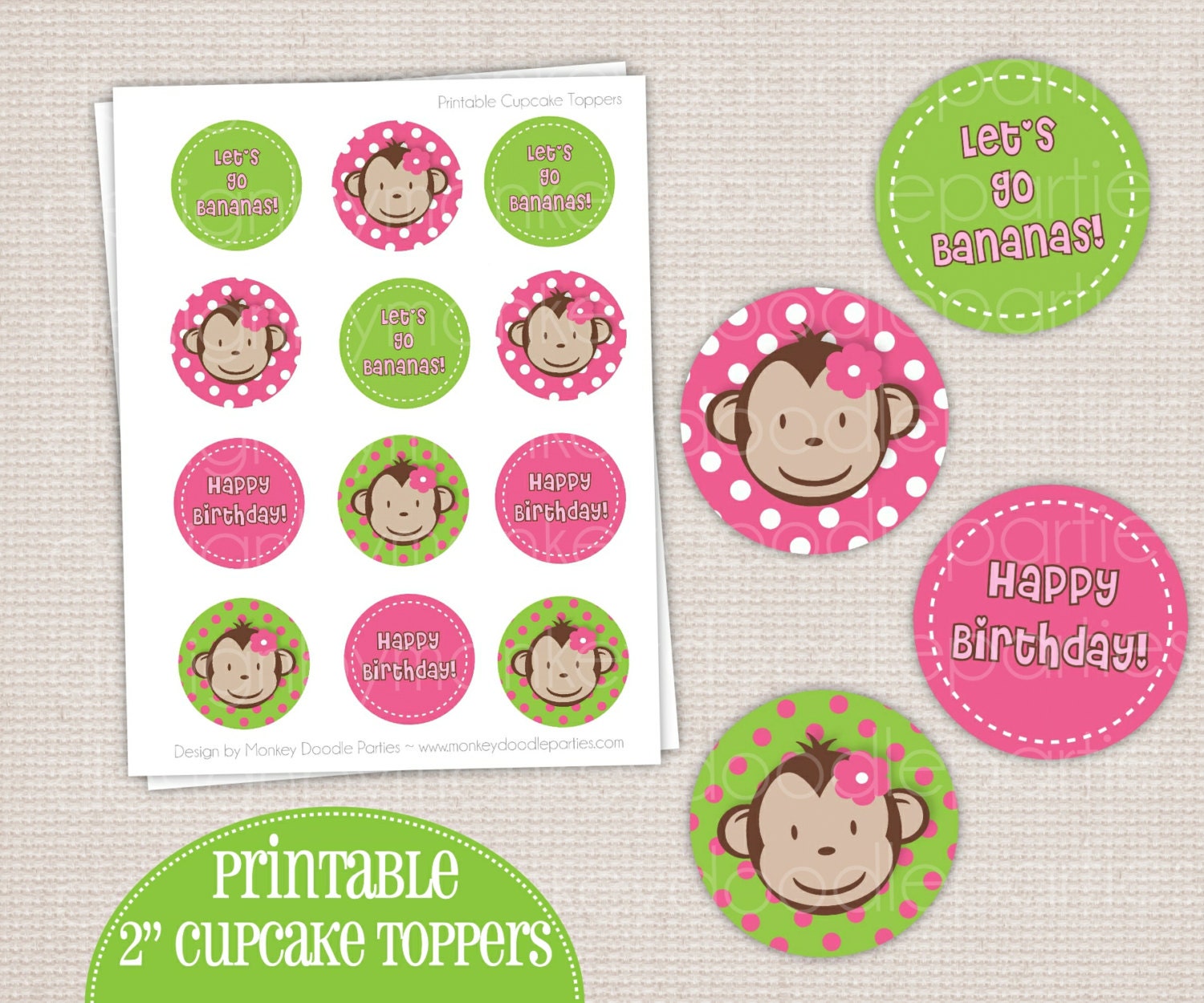Girl's Mod Monkey Birthday Party Printable (DIY) Cupcake Toppers Il_170x135