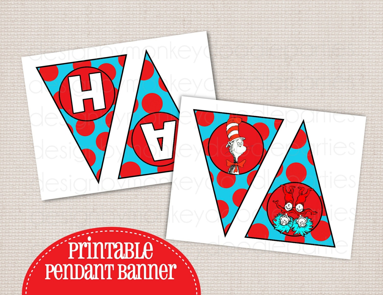Adorable Cat in the Hat Thing 1 & 2 Big Dots Birthday Party Printable DIY Pendant Banner "HAPPY BIRTHDAY" Il_570xn