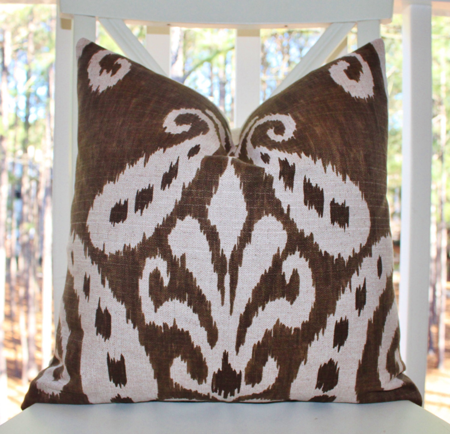 Brown Ikat Pillow - 22 x 22 Brown Ivory Ikat Pillow Cover - Brown Ethnic Throw Pillow - Large Ikat Design