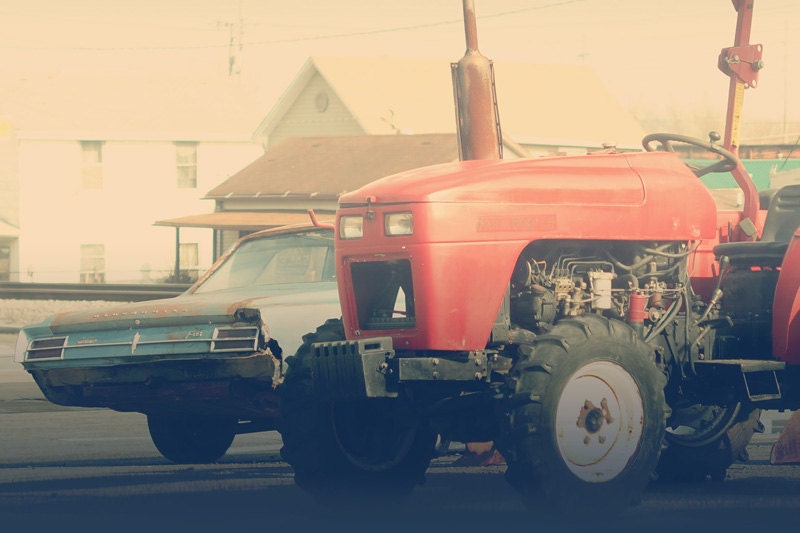 Vintage Vehicles Photograph, Rusty Automobiles, Blue Oldsmobile Car, Red Tractor, Fine Art Photography, 8x10 Wall Print