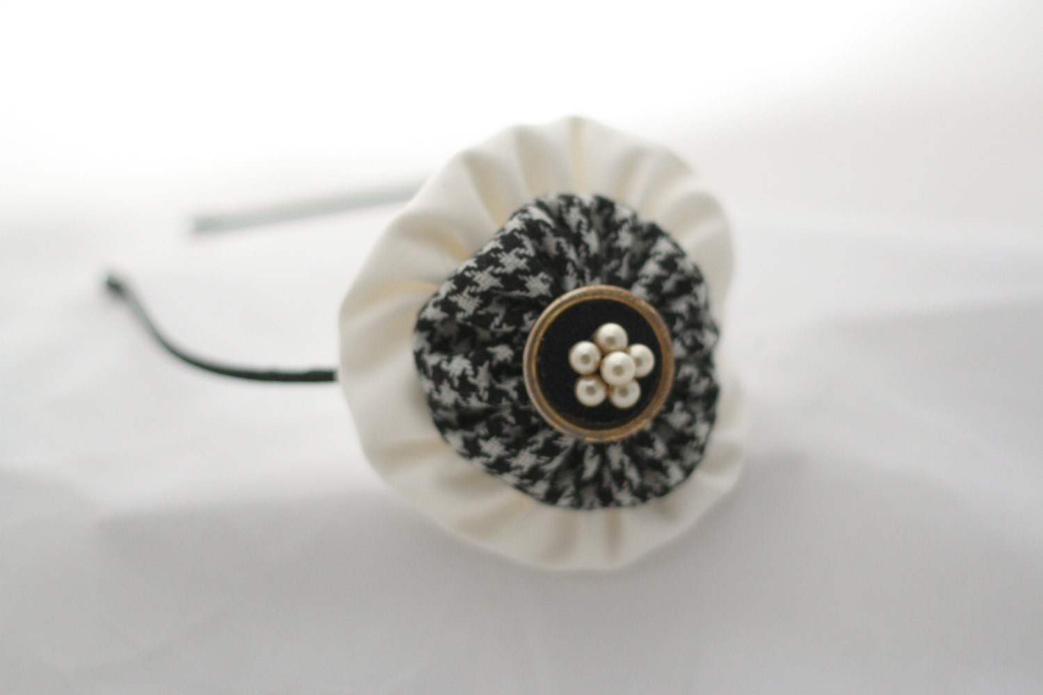 Black and White Fascinator Fabric Flowered Flowered Headband