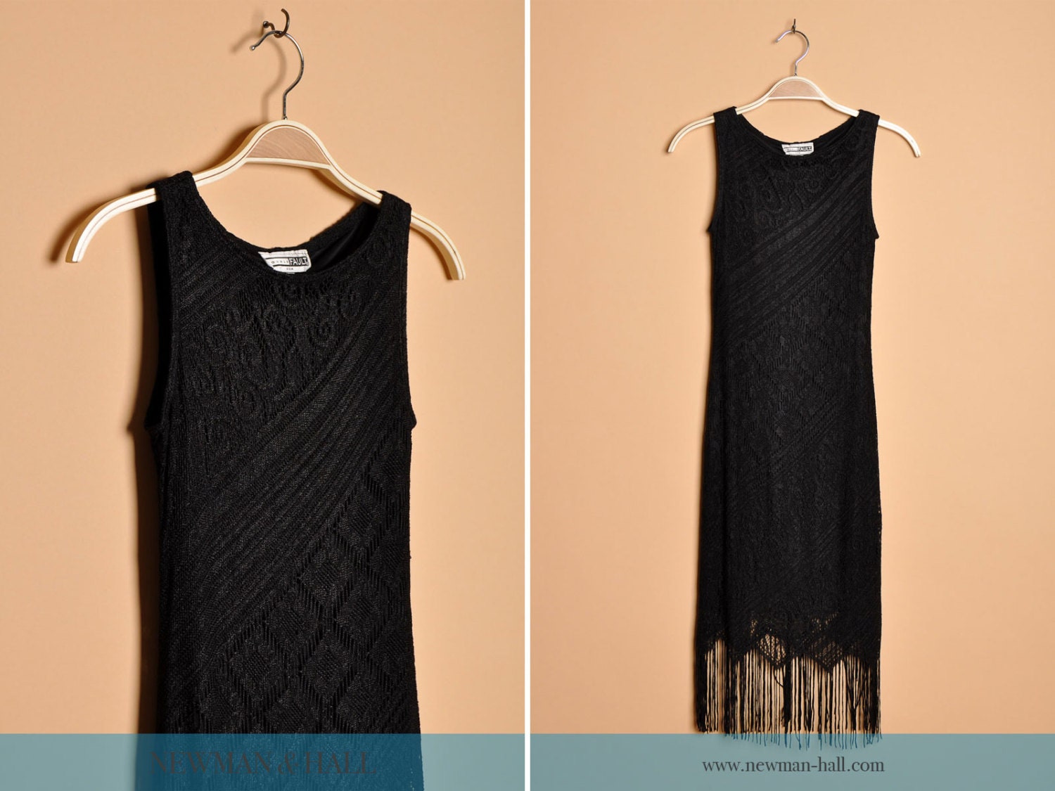 Vintage 1990s Crochet Knit Mini Dress with Fringe Hemline, By Double Fault, Size XS Small Extra