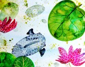 Fish Original Watercolor Painting Ink Gouache Nature Animal Plant Flowers Water Lily Drawing Fish Decor Wall Art Contemporary Art Green Grey