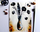 Flowers Original Painting Watercolor Ink Drawing Flowers Vase Feather Contemporary Art Home Decor Wall Art Flowers Grey Gold Black