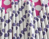 50 Purple Polka Dot Striped Paper Straws with DIY Flags, Birthday Party, Bridal Shower Straws, Wedding Straws, Stripe Straws