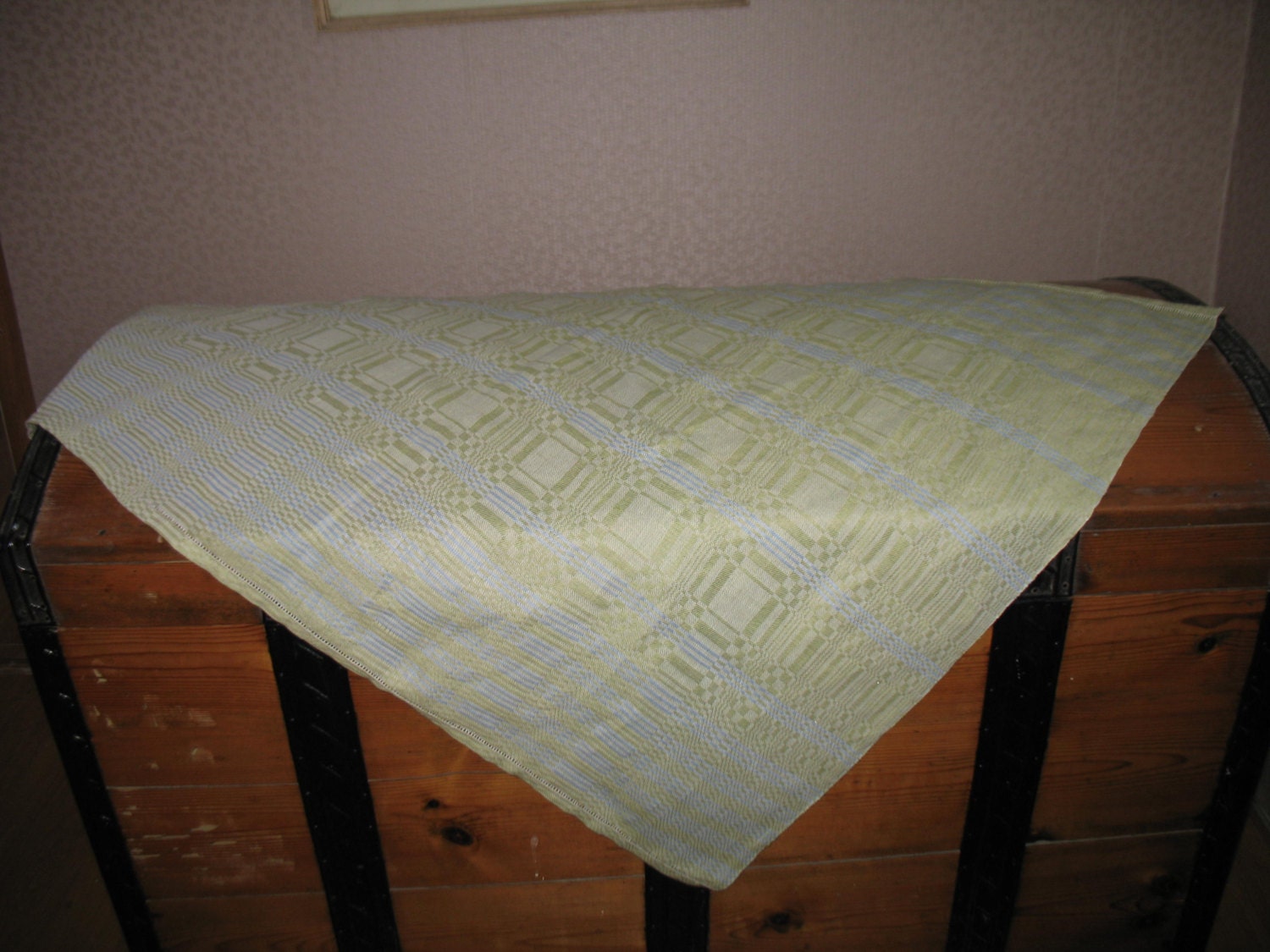 Hand woven green  linen tablecloth with blue stripes