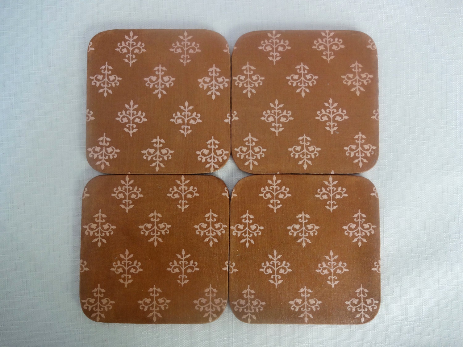 Handmade Decoupaged Wooden Coasters - Indian Print - Cotton cloth - tan - motifs