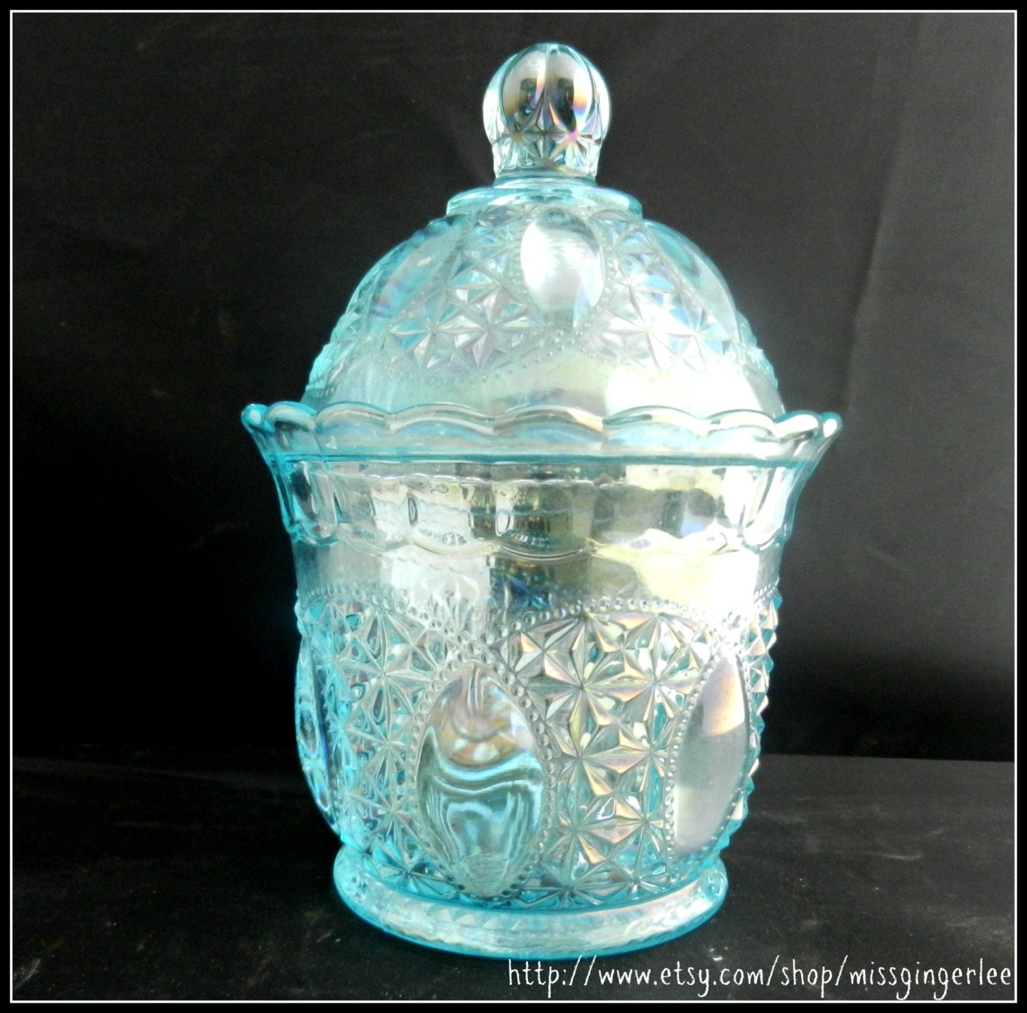Vintage ice blue aqua Imperial Glass Company carnival glass Beaded Jewel Oregon candy jar with lid