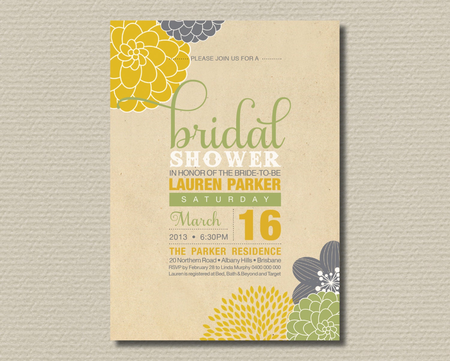 Printable Bridal Shower Invitation Party Pack - Modern Flower Design on rustic background