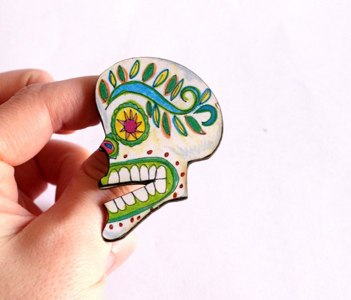 Sugar Skull Ring, Decorated Day of the Dead Skeleton with Green and Blue Wooden Jewelry