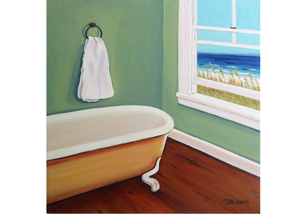 Window to the Sea - Bathtub Ocean Beach Seashore Coastal Glicee Print Chair Green from original painting Korpita ebsq