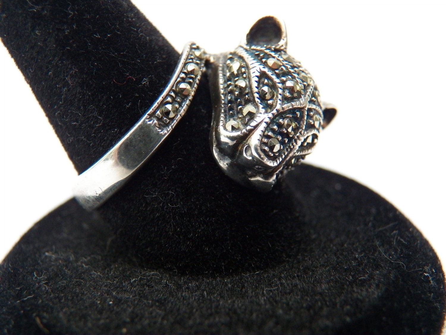 SALE - Amazing Sterling Silver and Marcasite 3D Panther Ring - Size 7 3/4 - Art Deco Vintage- Cat Cougar Jaguar Wrap Ring Band
