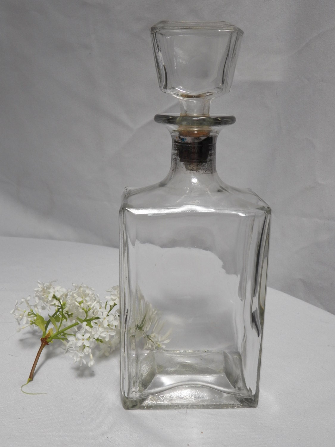 Glass Whiskey Decanter with Silver Trim and Cork Stopper - Vintage Retro Barware Wine Cordials - Mid Century Decor