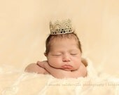 Beaded Lace Crown, Baby Photo Prop, Baby Girl Princess Crown, Newborn Tiara, Beaded Lace Halo, Newborn Size - Antique Gold or Silver