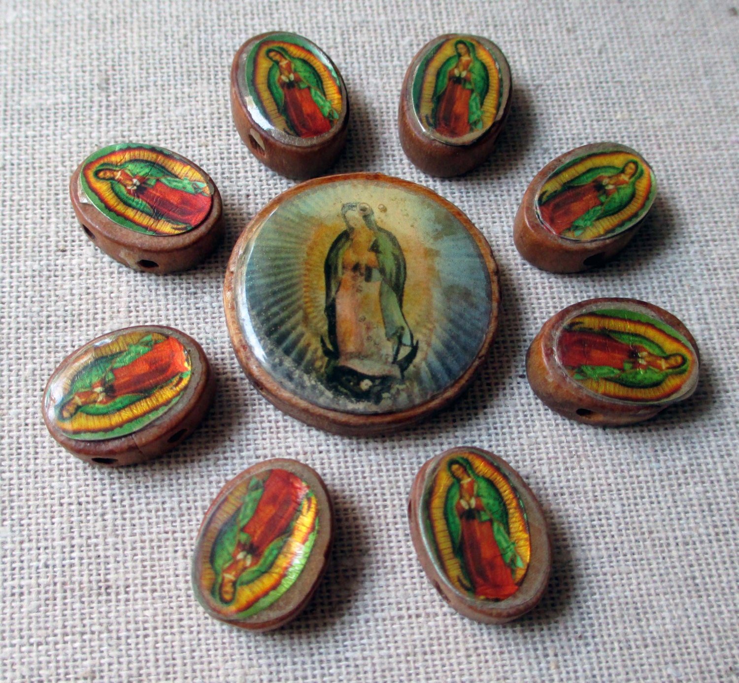 wood catholic pendant and beads or charms our lady guadalupe religious jewelry supplies, lot of 9 pcs