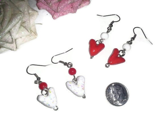 Red and White Heart Earring Set, Valentines Day Jewelry, Heart Jewelry, Valentines day gifts, gift ideas, dainty hearts, polymer clay charms