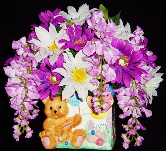 Silk Flower Arrangement, Lavender & White Daisies, Lavender Wisteria, New Baby, Musical Vase, Artificial Flower Arrangement, Silk Floral,