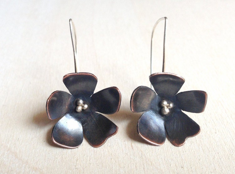 Cherry blossom earrings, Black flower earrings, Metalwork floral earrings, Art jewelry earrings
