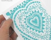 heart -- hand-printed linocut, 4x6 -- blue green, turquoise, jade, printmaking, block print, love art, home decor, original art gift