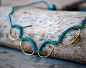 Gold and Sea Green Crochet Necklace with Ceramic Bead in Aqua. Minimalist. Modern