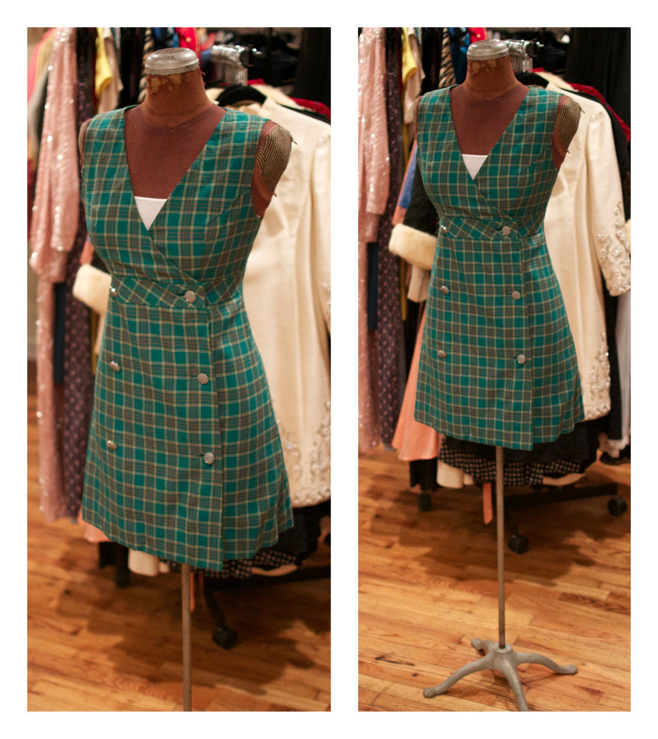 1960s A Line Mini Dress Plaid Jumper Dress Cotton Shift Dress Button Front Day Dress