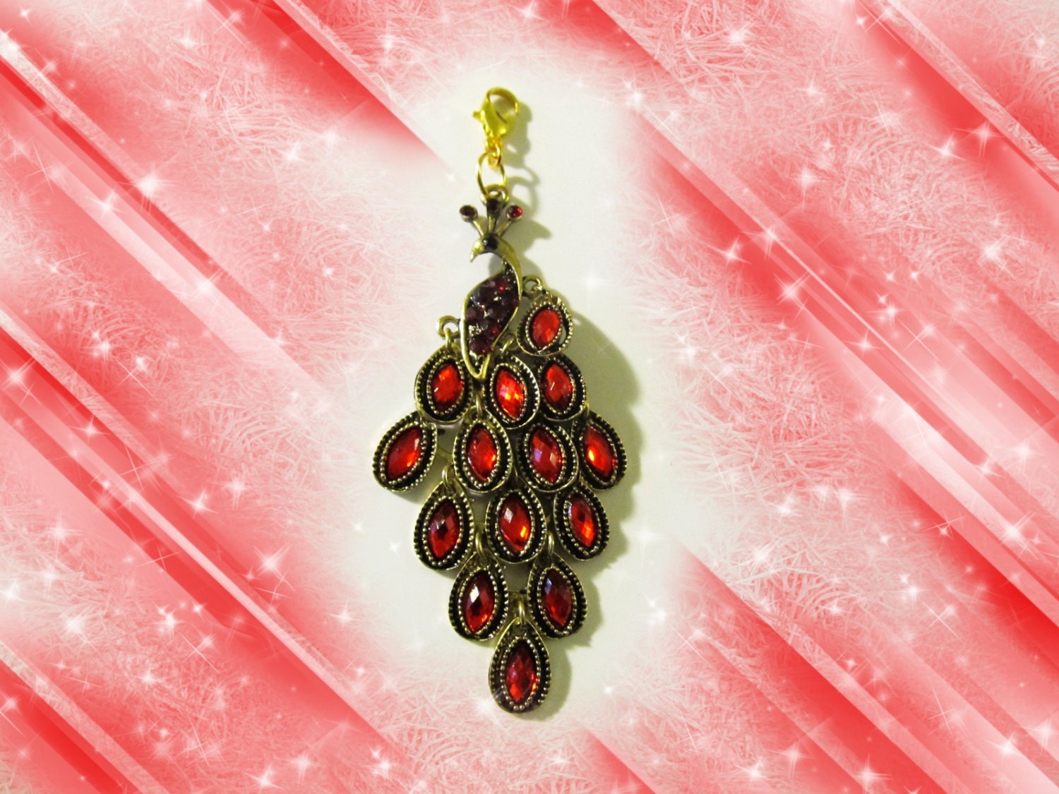 Exotic Ruby Red Dangling Antique Bronze  Peacock Add On Key Chain Charm, for Keys, Purse, or Necklace accesory