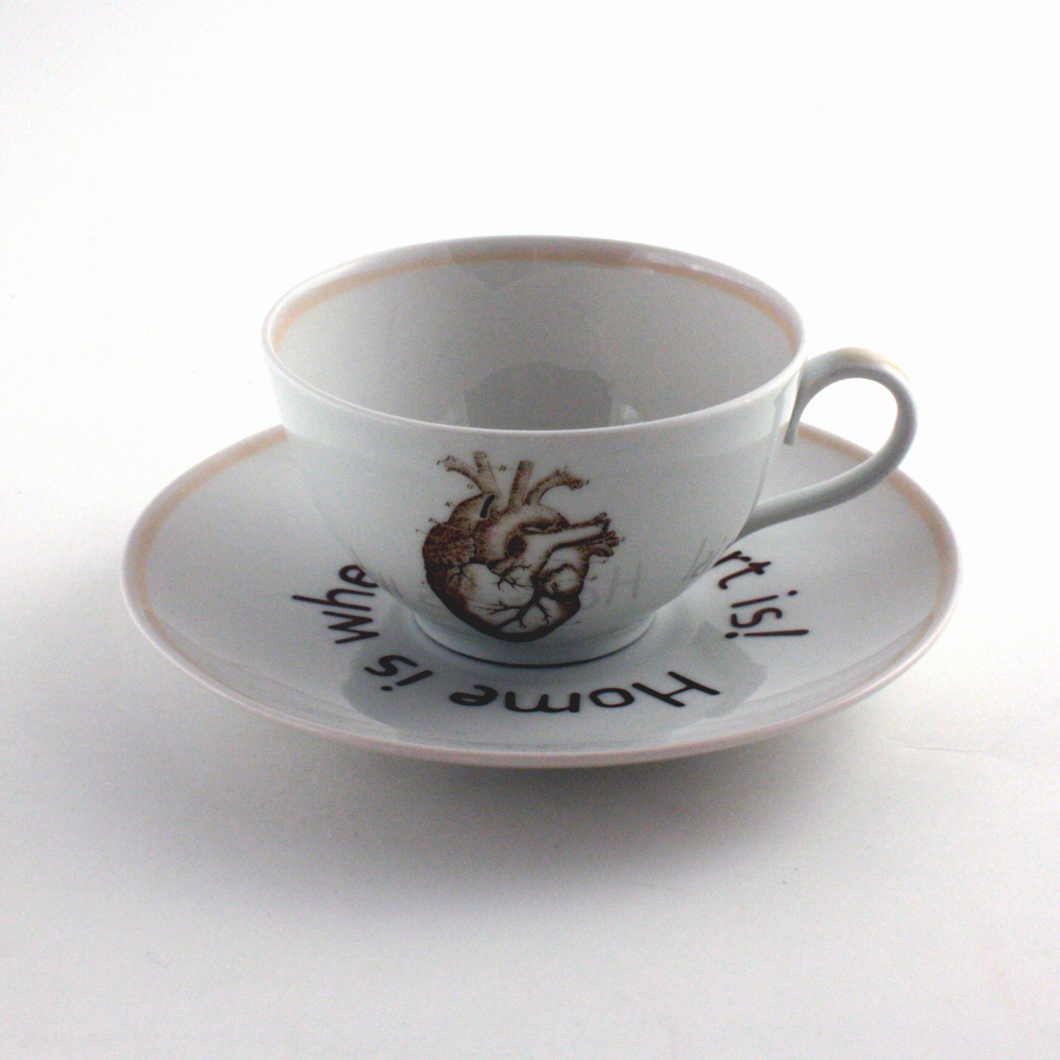 Home is Were The Heart is Cup Recycled  Vintage Tea / Coffee Porcelaiin Anatomy Anatomical White Brown