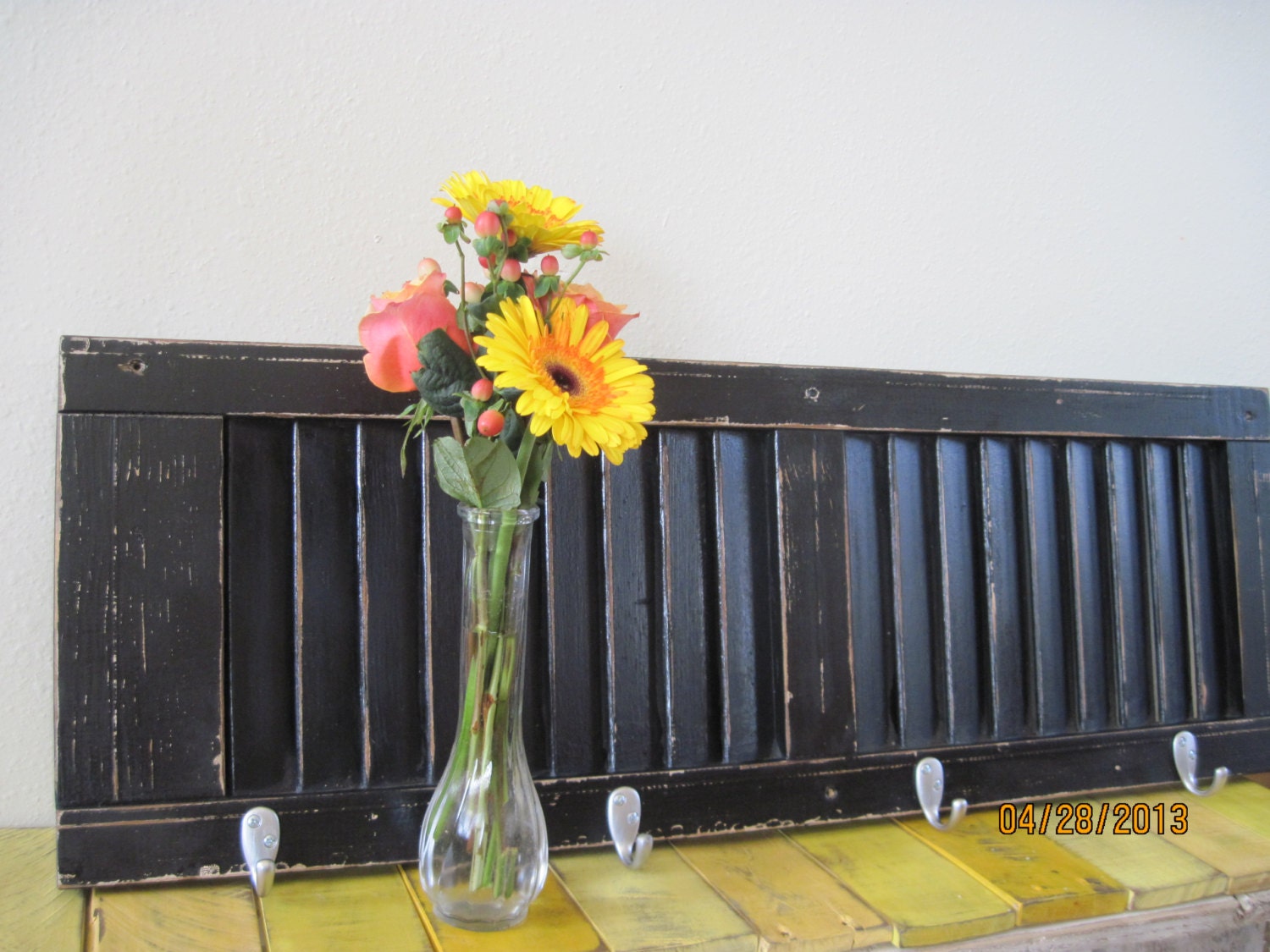 Shabby Chic Shutter Black Hook Kitchen Coat Hanger Rack Primitive Wood Wall Decor