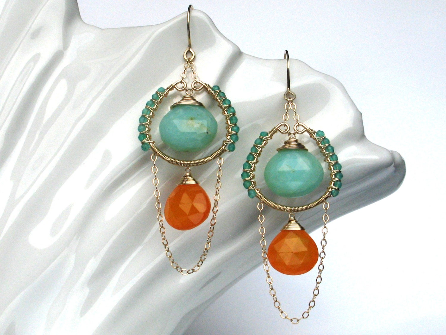 Sun and Ocean Earrings--Peruvian Opal, Carnelian, Aventurine, 14K Gold Fill, Handmade, Wire Wrap, One-of-a-Kind, Faceted Gemstone