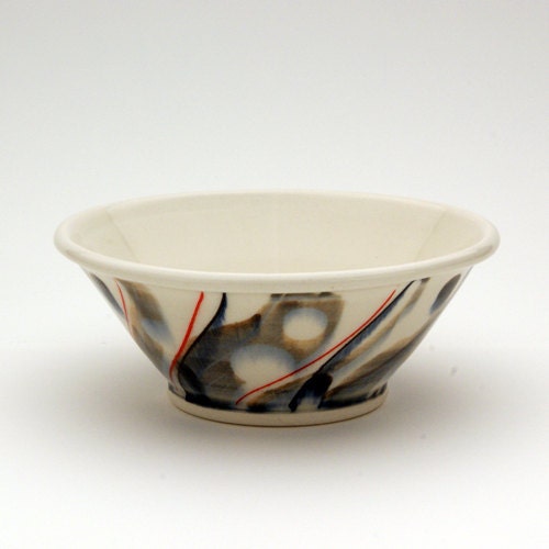 Handmade Porcelain Bowl with Dots, Stripes, and Drips