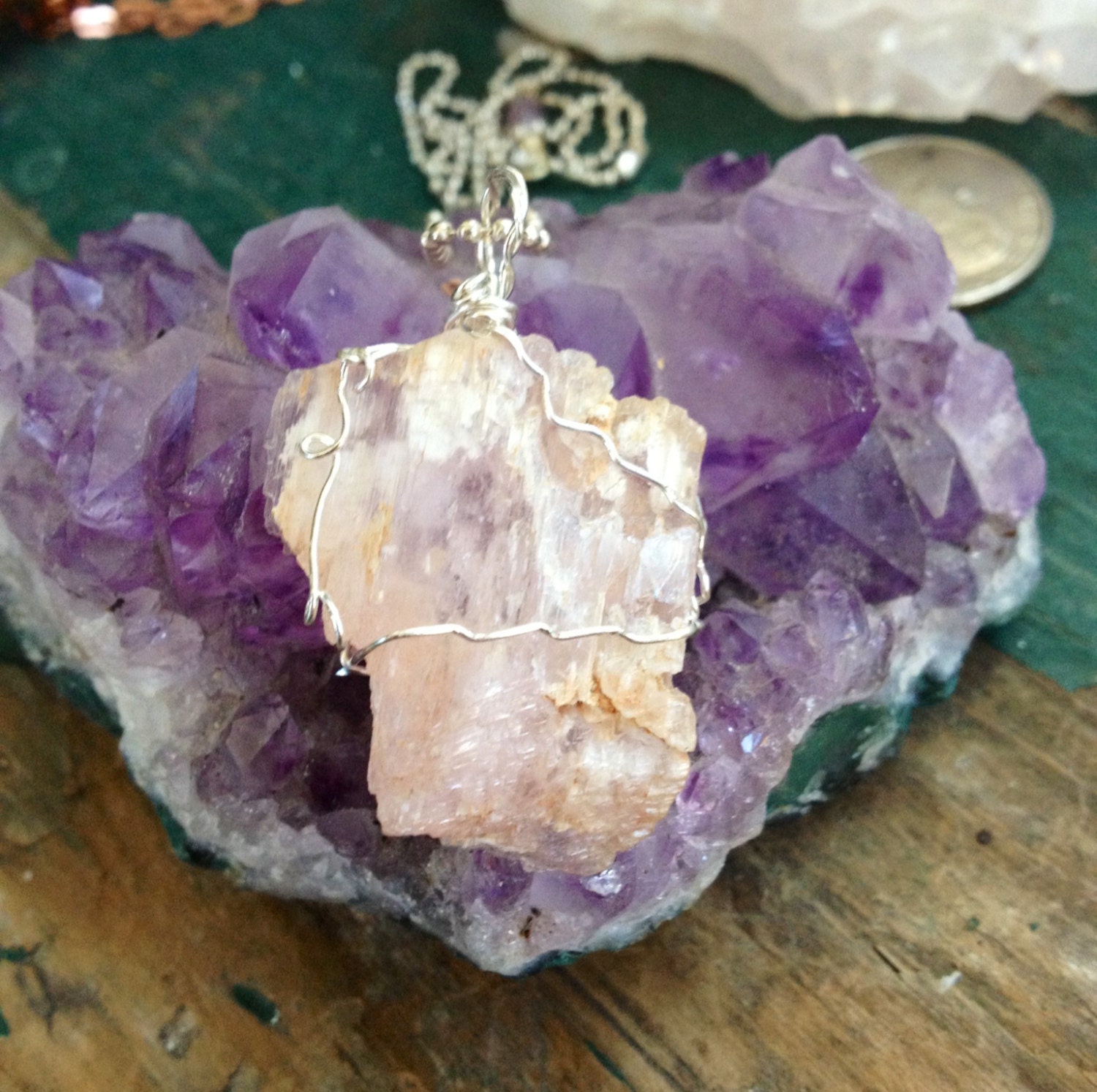 Kunzite Necklace  Silver Wire Wrapped Raw KunIte
