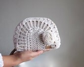 SALE // ANNE White Pouch with Rose // Dumpling // cute // crochet // linen // handmade // make up kit // women // everyday // dawna paris