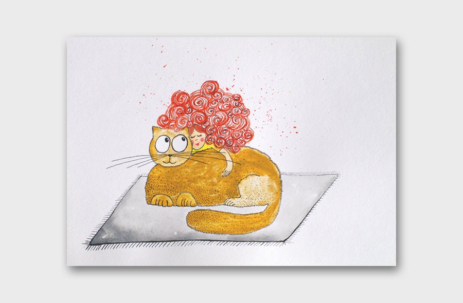 Cat illustration Kitty art Original Brown cat painting on paper Watercolor art for nursery decor Childrens room Hand painted Home decor