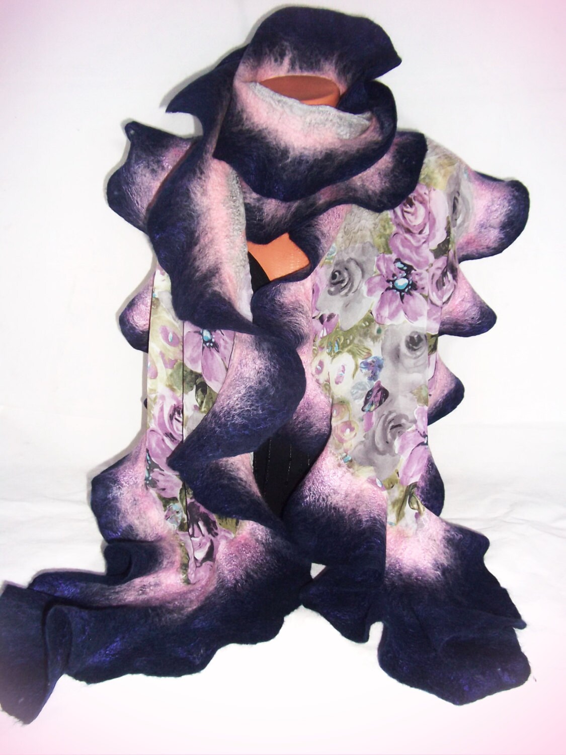 Nunofelted scarf AMETHYST, purple, pink long scarf, eco friendly, idea for gift, spring trend